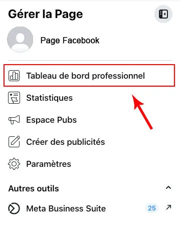 Tableau de bord professionel dans le menu de gauche d'une page Facebook