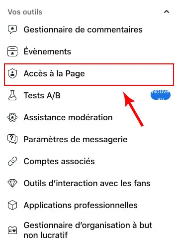 Accès à la Page dans le menu de gauche d'une page Facebook