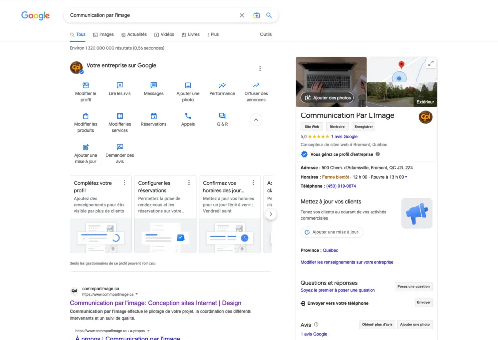 Tableau de bord Google Business Profile